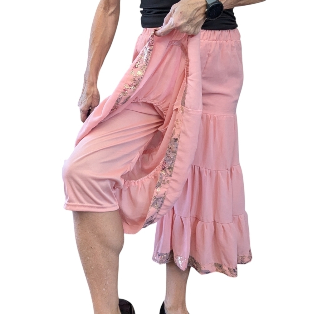 Women’s Peach Tiered Ruffle Lined Boho Pull-On Capri Wide Leg Pants Size 30 - Picture 4 of 6